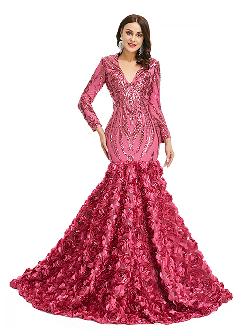 V-Neck Long Sleeves Sequins Mermaid Dress BMbride