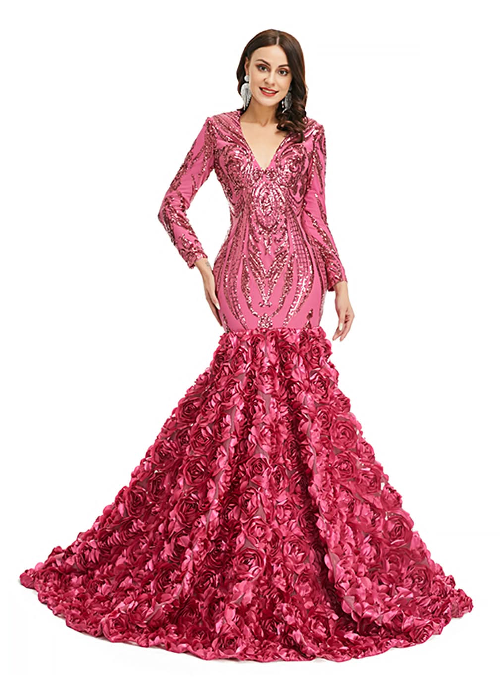 V-Neck Long Sleeves Sequins Mermaid Dress BMbride