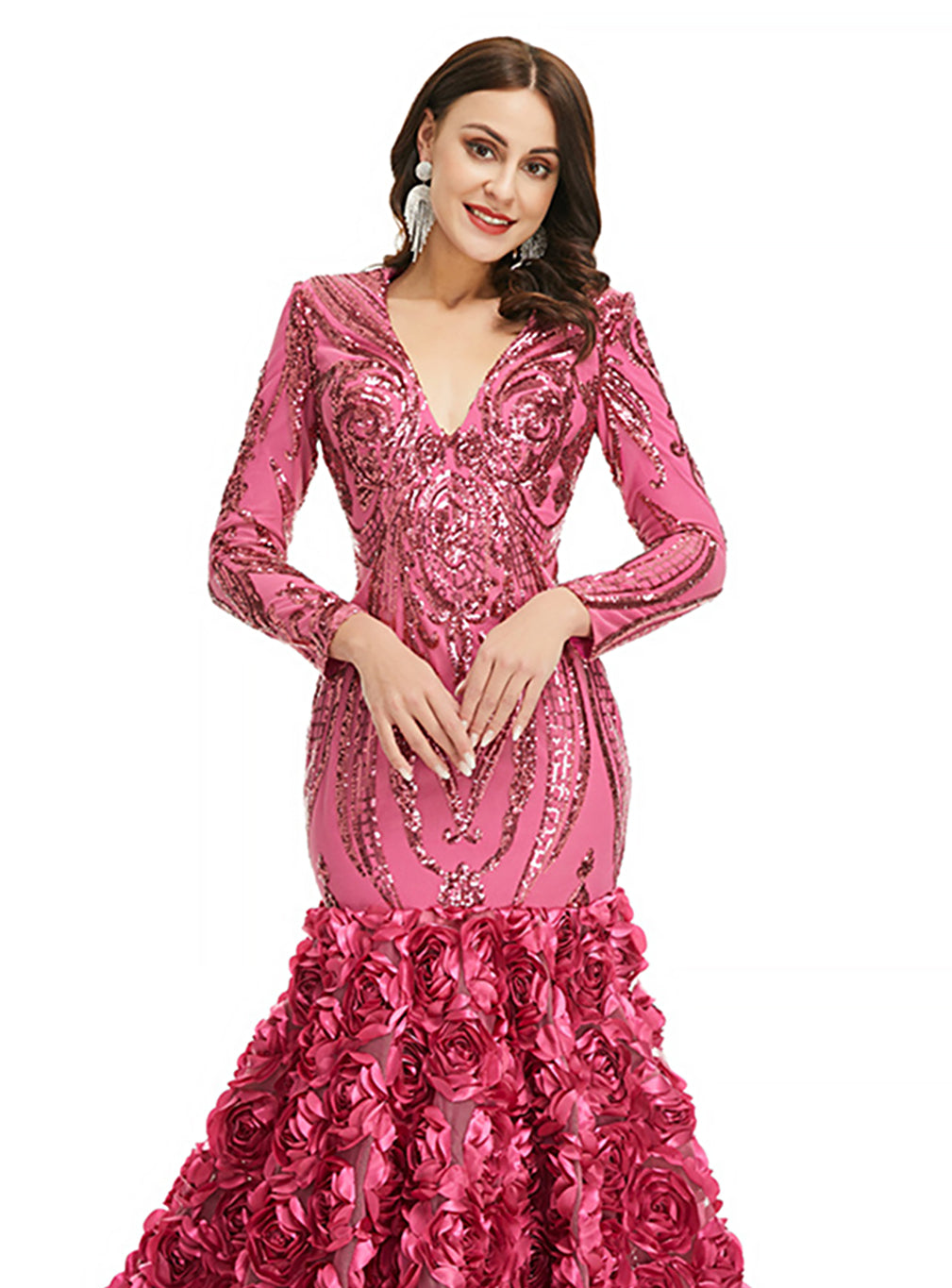 V-Neck Long Sleeves Sequins Mermaid Dress BMbride
