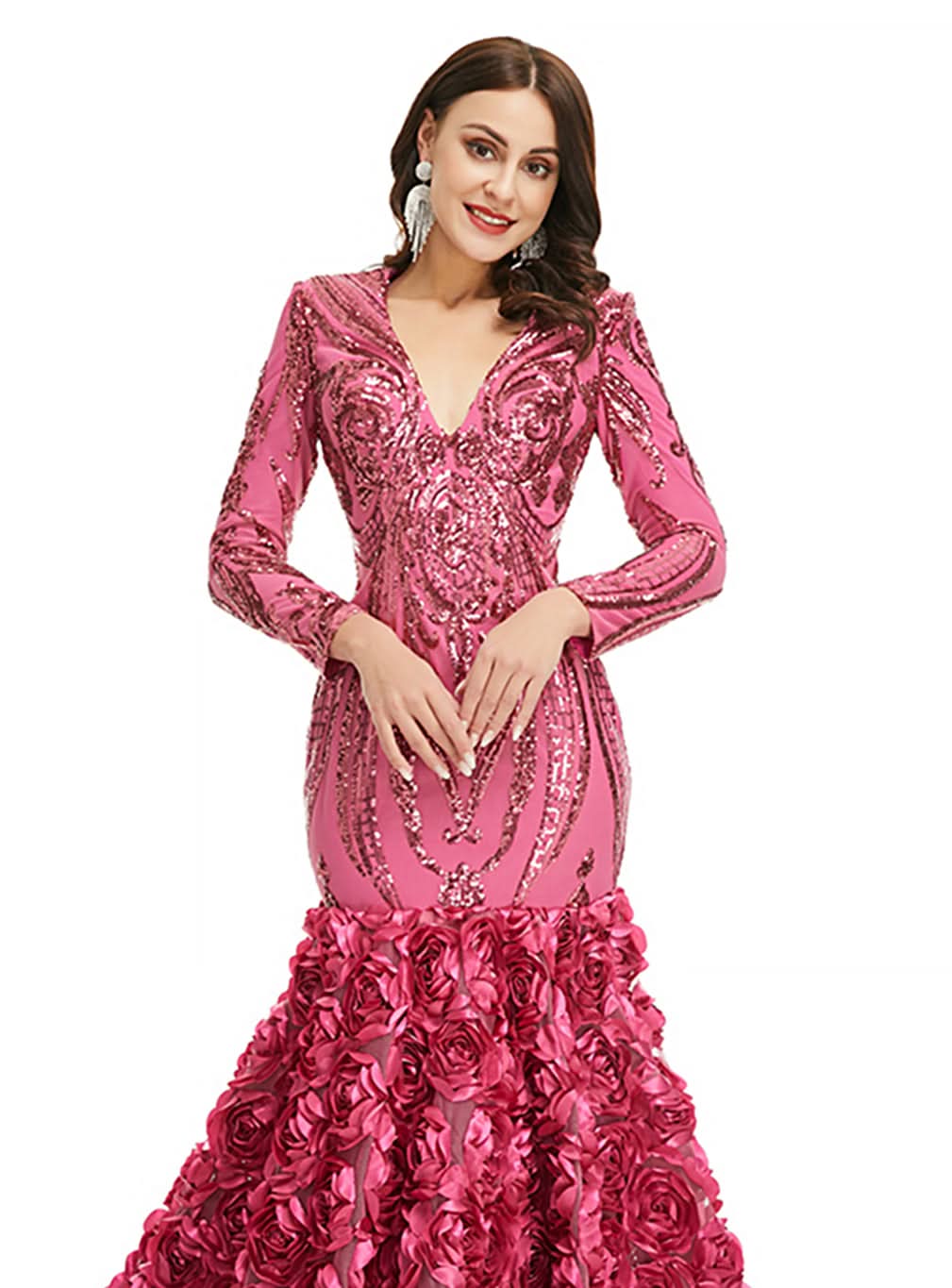V-Neck Long Sleeves Sequins Mermaid Dress BMbride