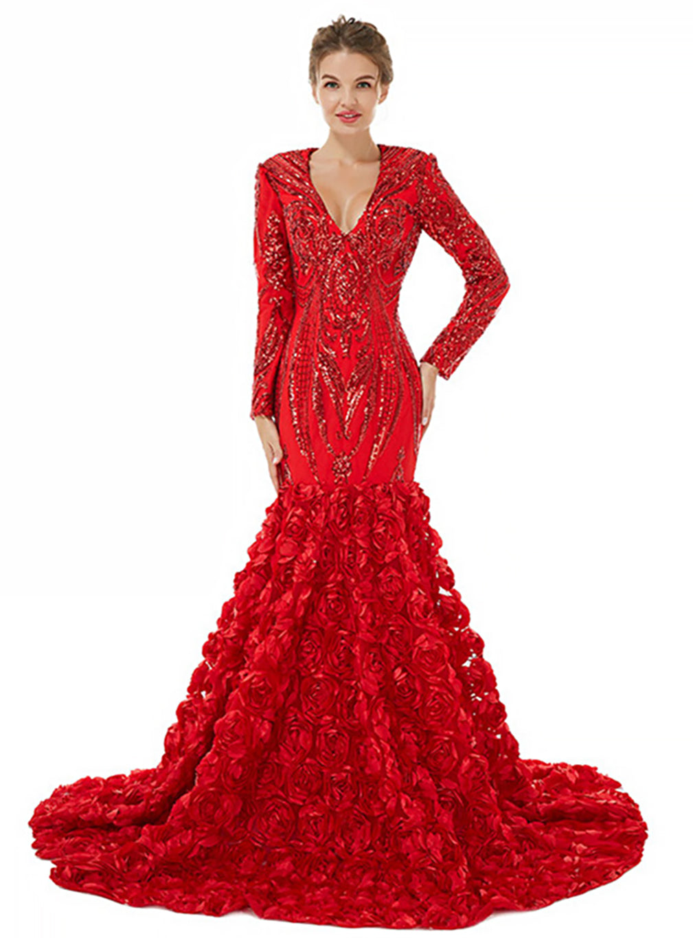 V-Neck Long Sleeves Sequins Mermaid Dress BMbride