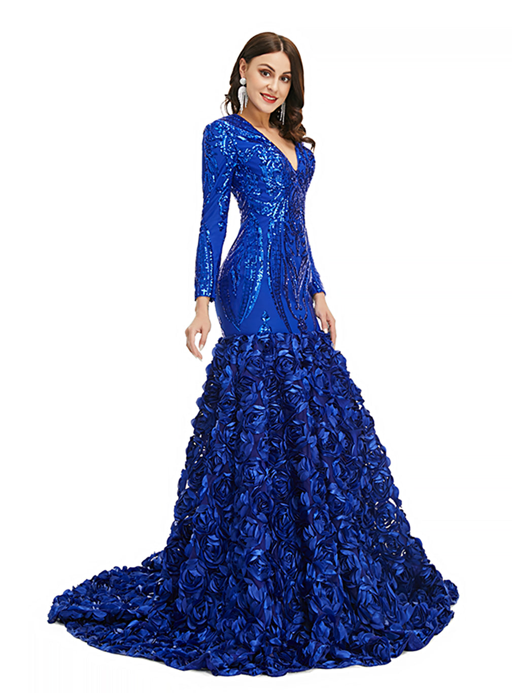 V-Neck Long Sleeves Sequins Mermaid Dress BMbride