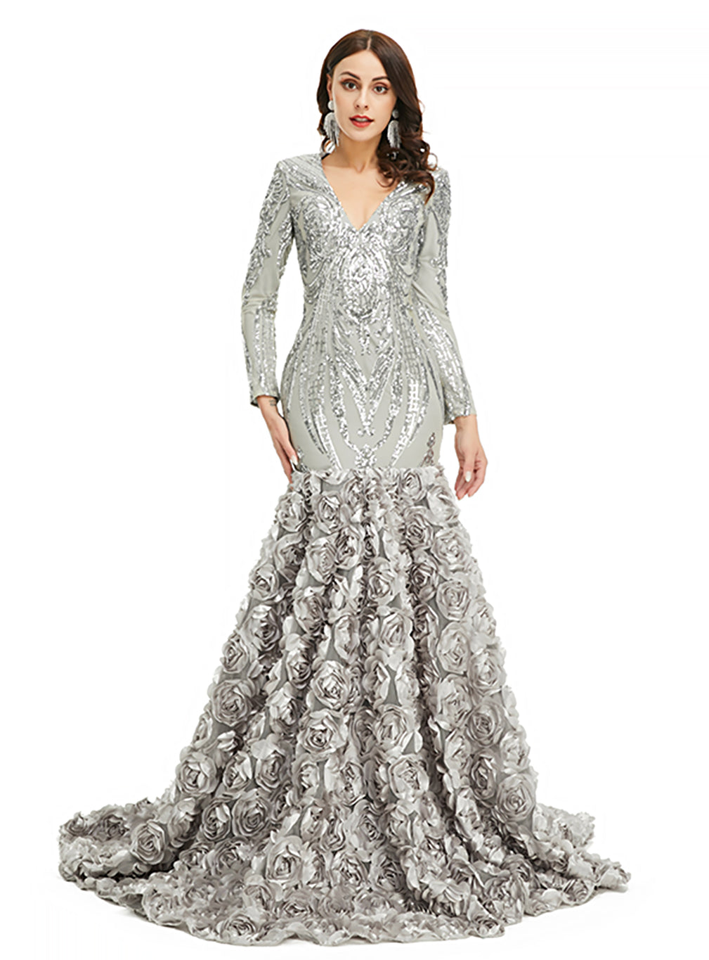 V-Neck Long Sleeves Sequins Mermaid Dress BMbride