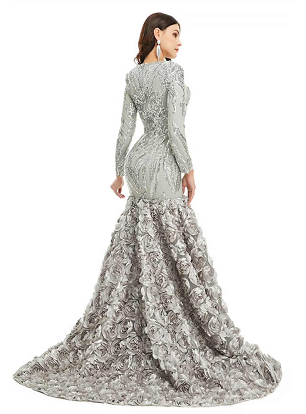 V-Neck Long Sleeves Sequins Mermaid Dress BMbride