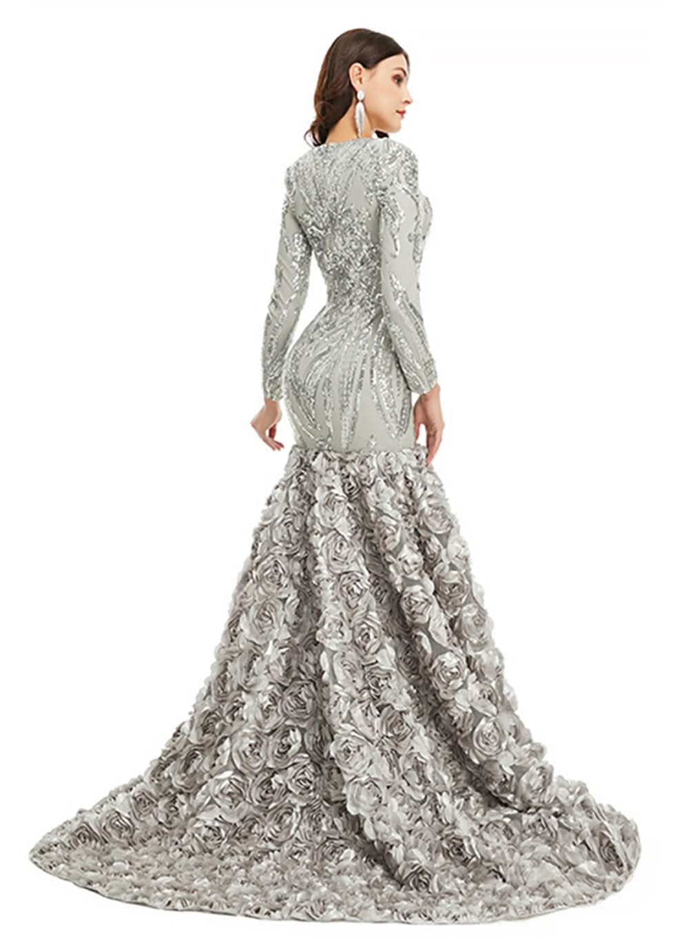 V-Neck Long Sleeves Sequins Mermaid Dress BMbride