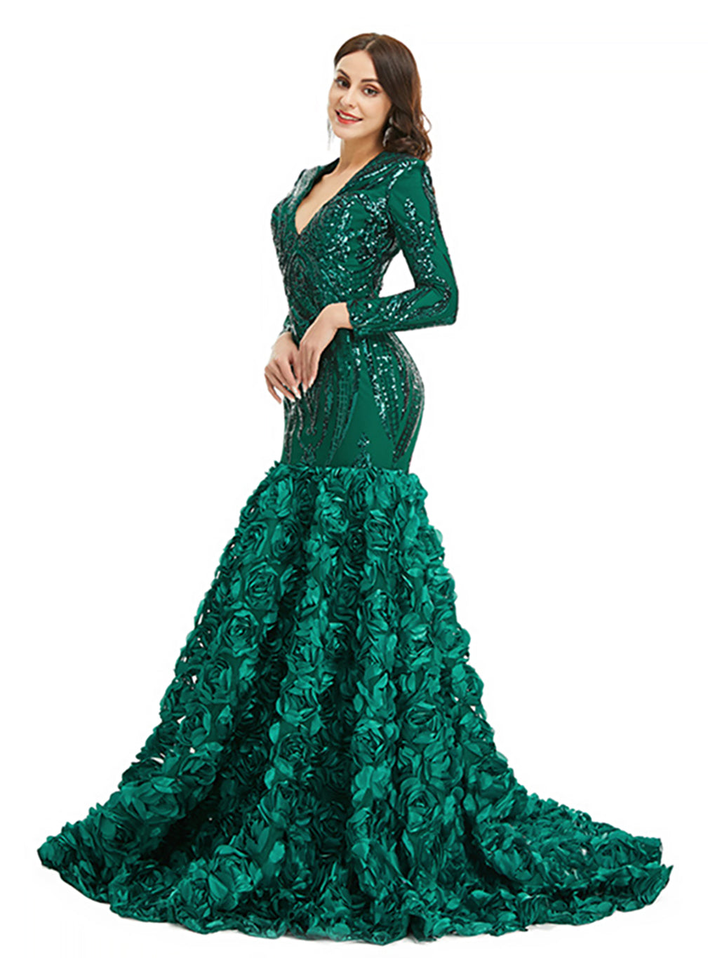V-Neck Long Sleeves Sequins Mermaid Dress BMbride