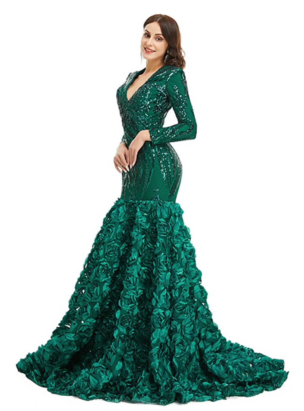 V-Neck Long Sleeves Sequins Mermaid Dress BMbride