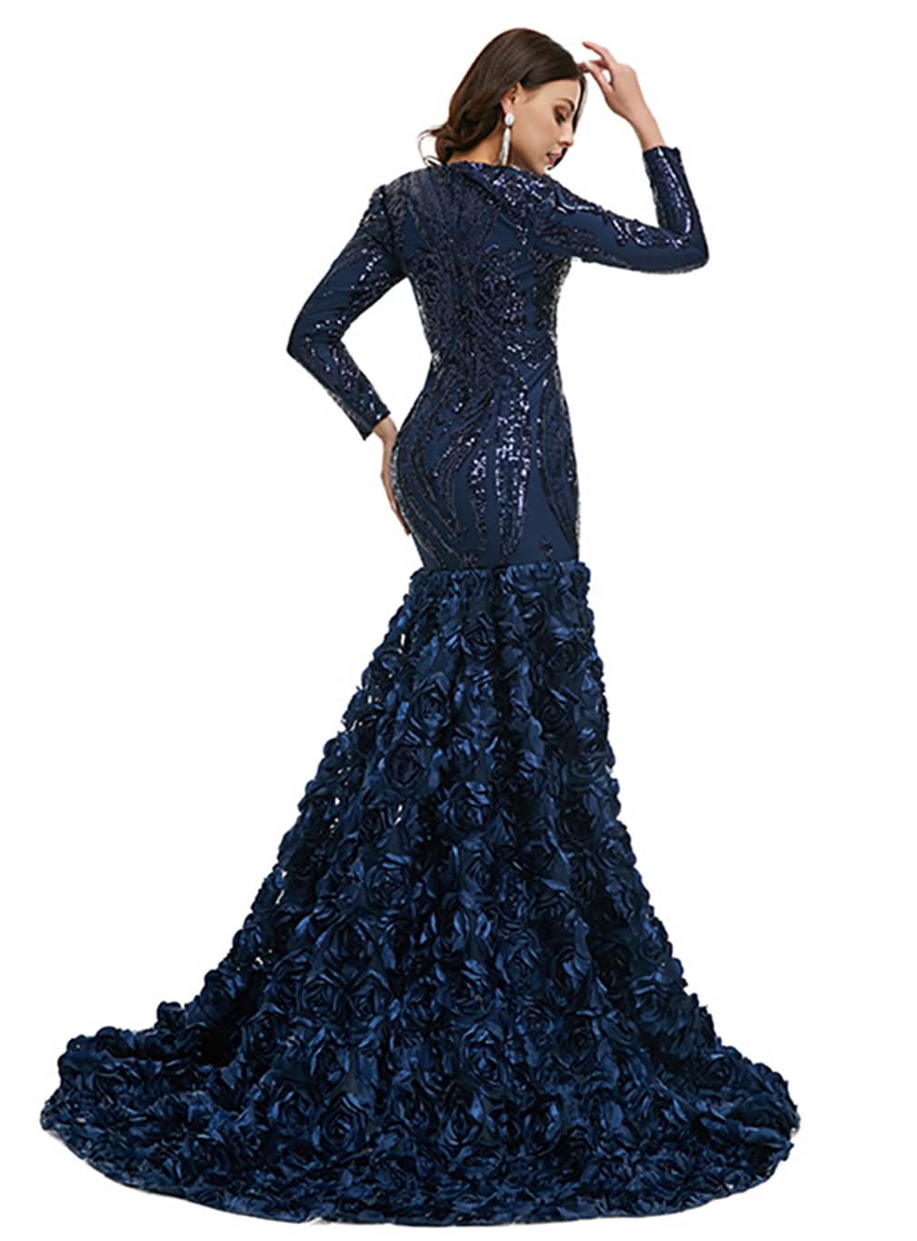 V-Neck Long Sleeves Sequins Mermaid Dress BMbride
