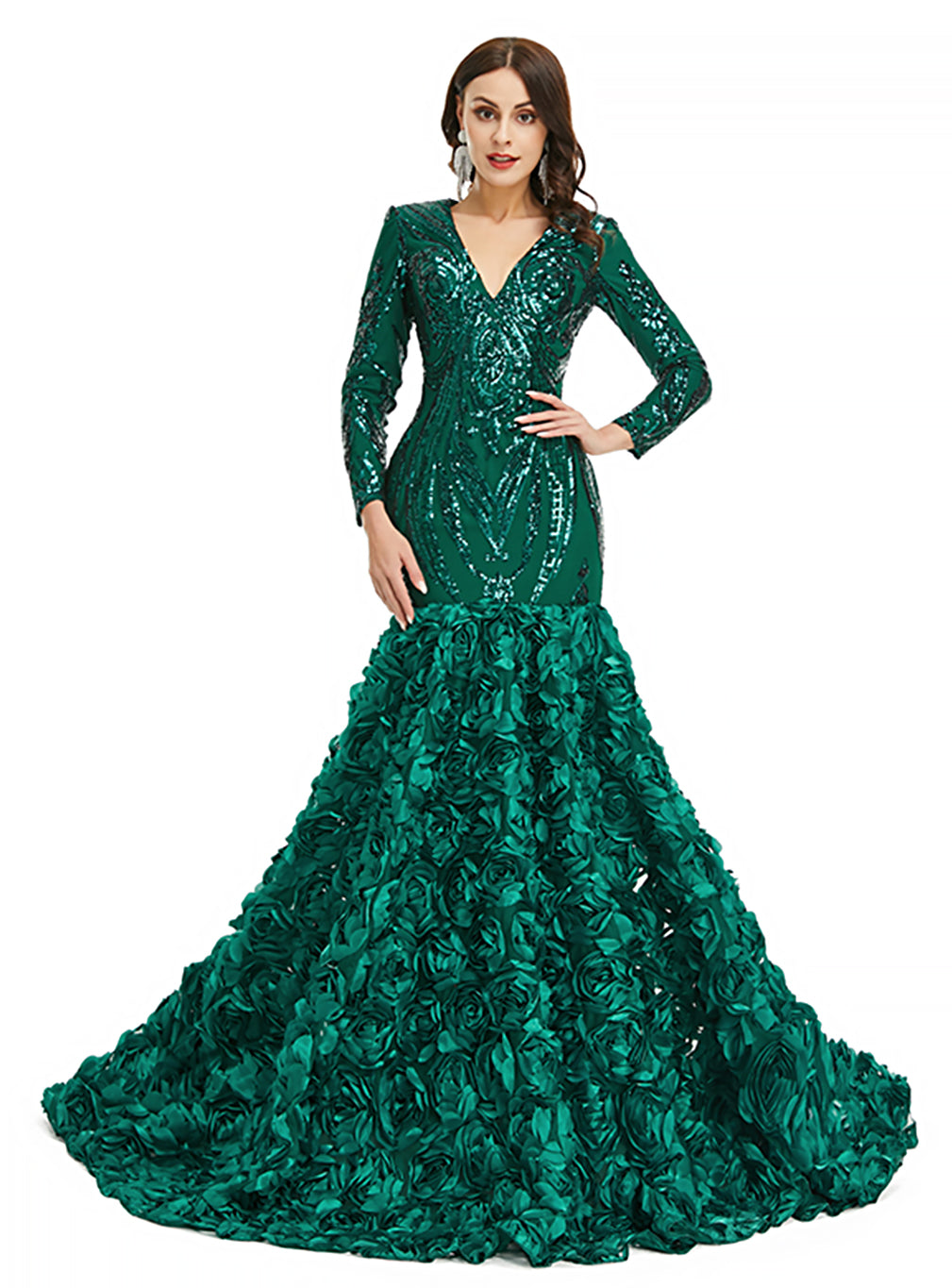 V-Neck Long Sleeves Sequins Mermaid Dress BMbride