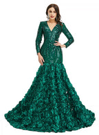 V-Neck Long Sleeves Sequins Mermaid Dress BMbride