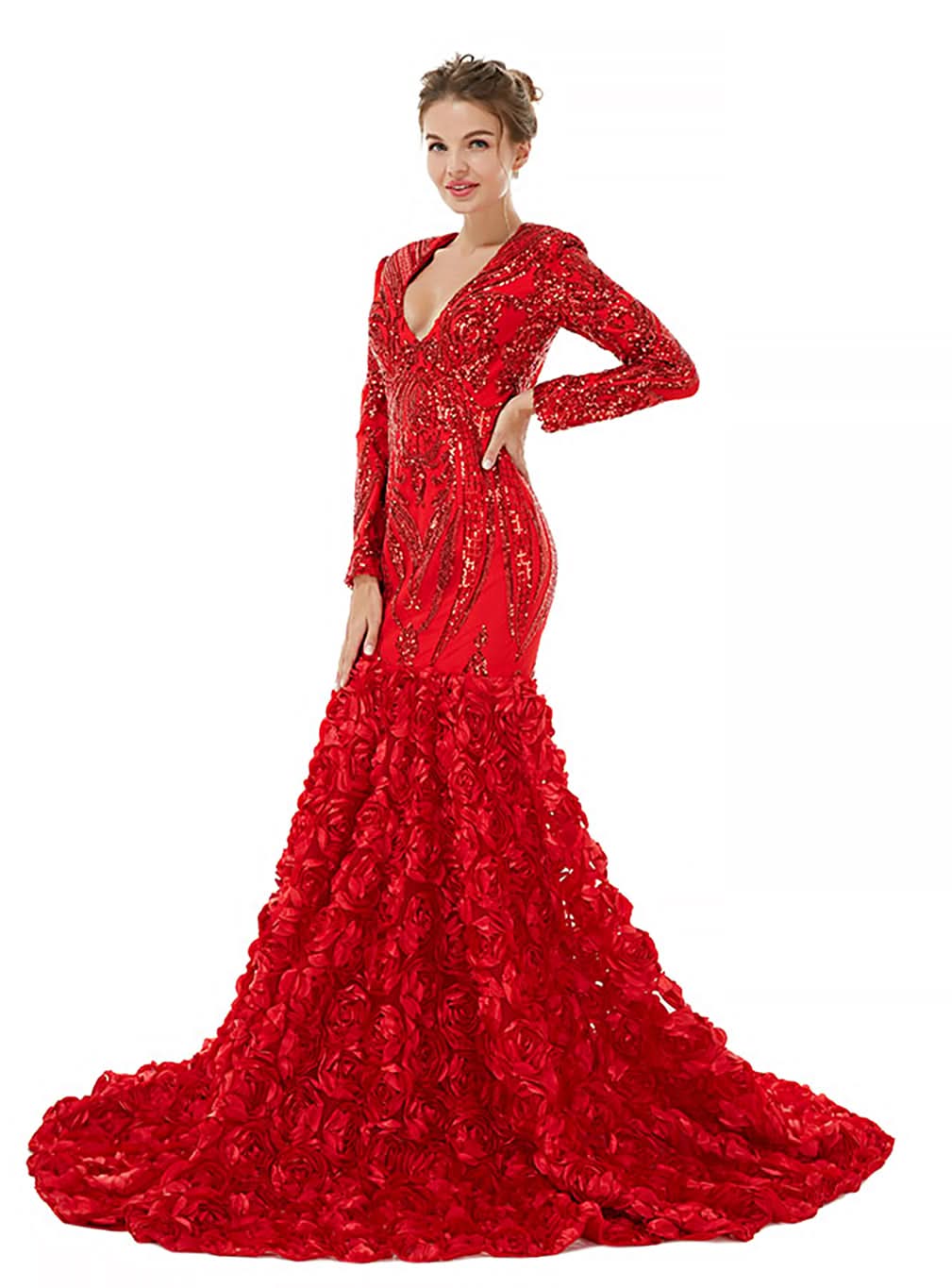 V-Neck Long Sleeves Sequins Mermaid Dress BMbride
