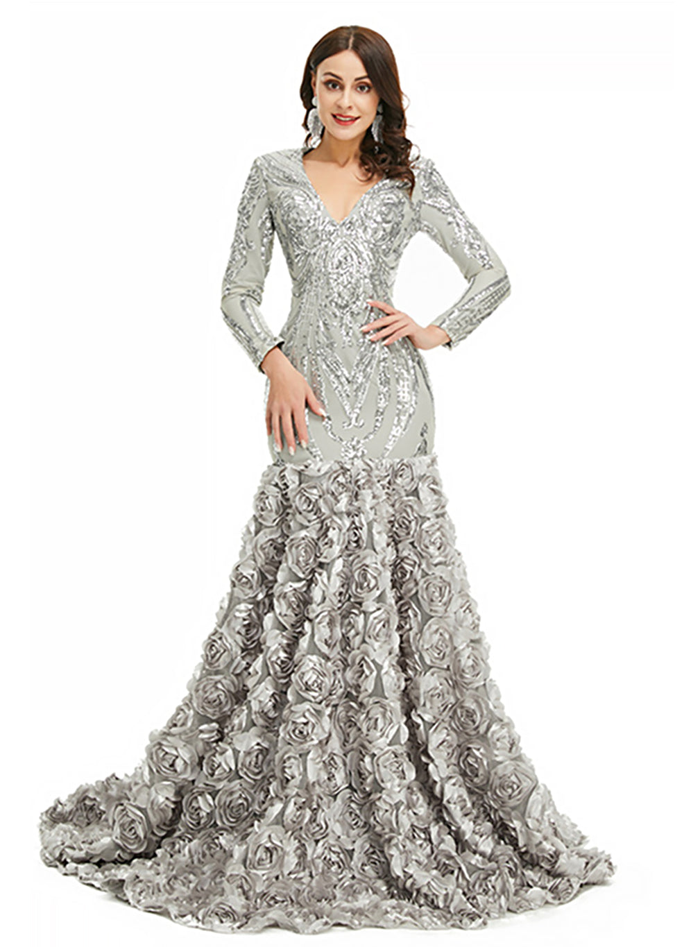 V-Neck Long Sleeves Sequins Mermaid Dress BMbride