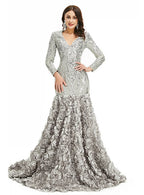 V-Neck Long Sleeves Sequins Mermaid Dress BMbride
