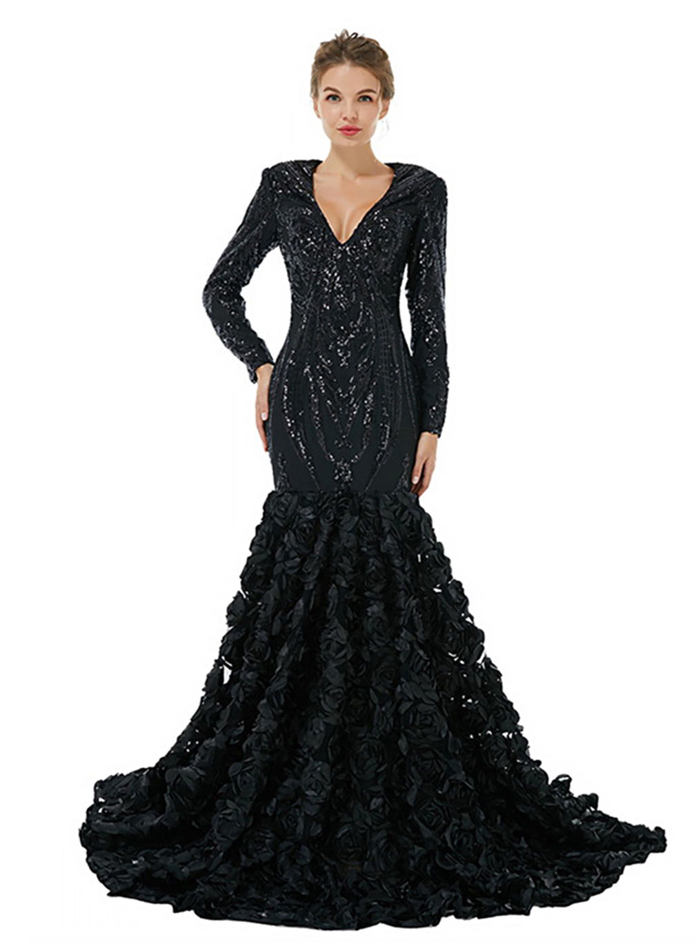 V-Neck Long Sleeves Sequins Mermaid Dress BMbride