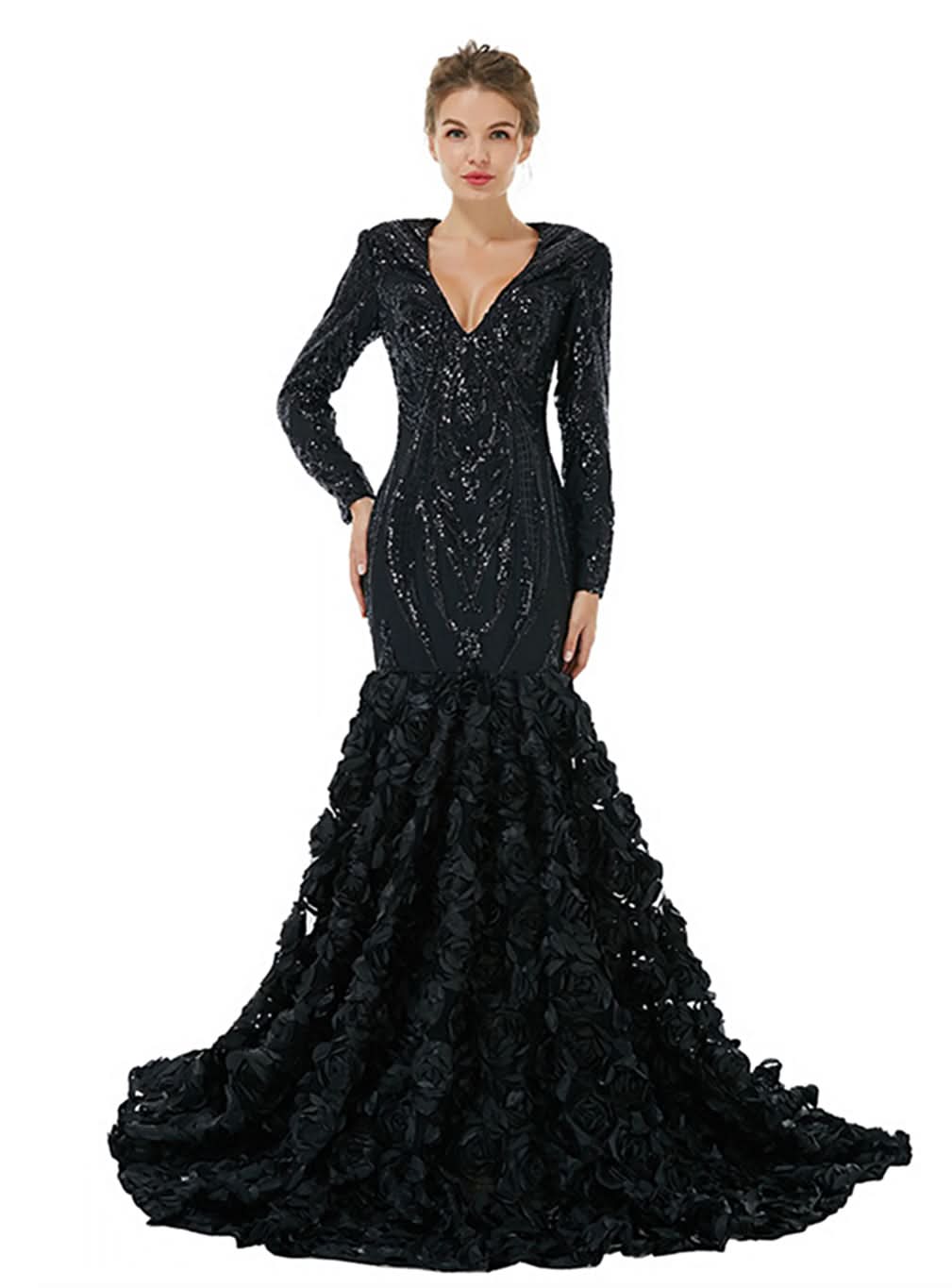 V-Neck Long Sleeves Sequins Mermaid Dress BMbride
