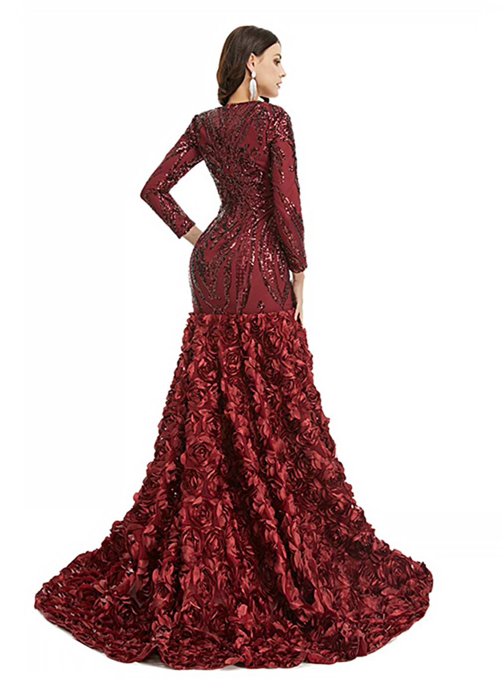 V-Neck Long Sleeves Sequins Mermaid Dress BMbride