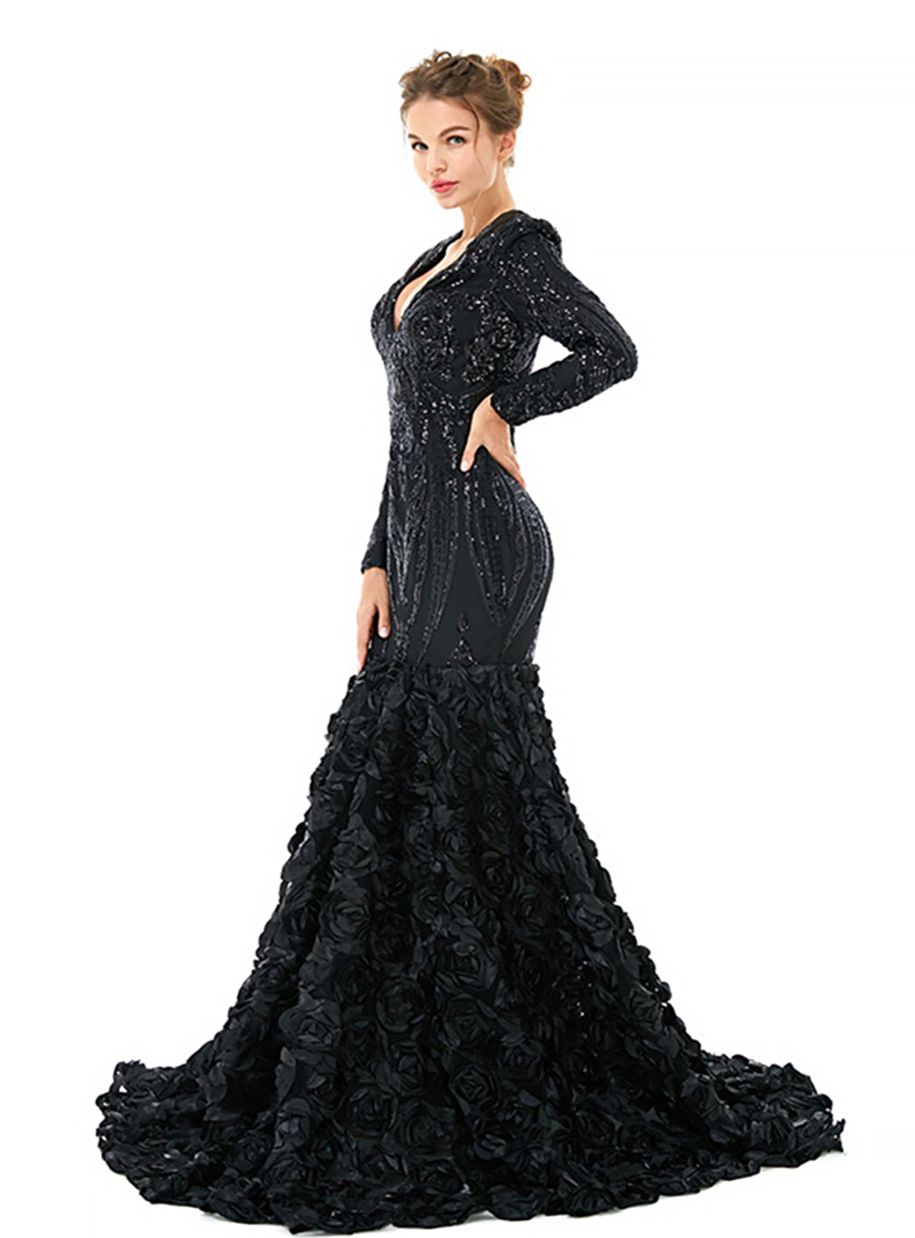 V-Neck Long Sleeves Sequins Mermaid Dress BMbride