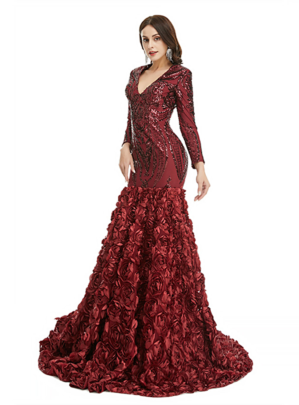 V-Neck Long Sleeves Sequins Mermaid Dress BMbride