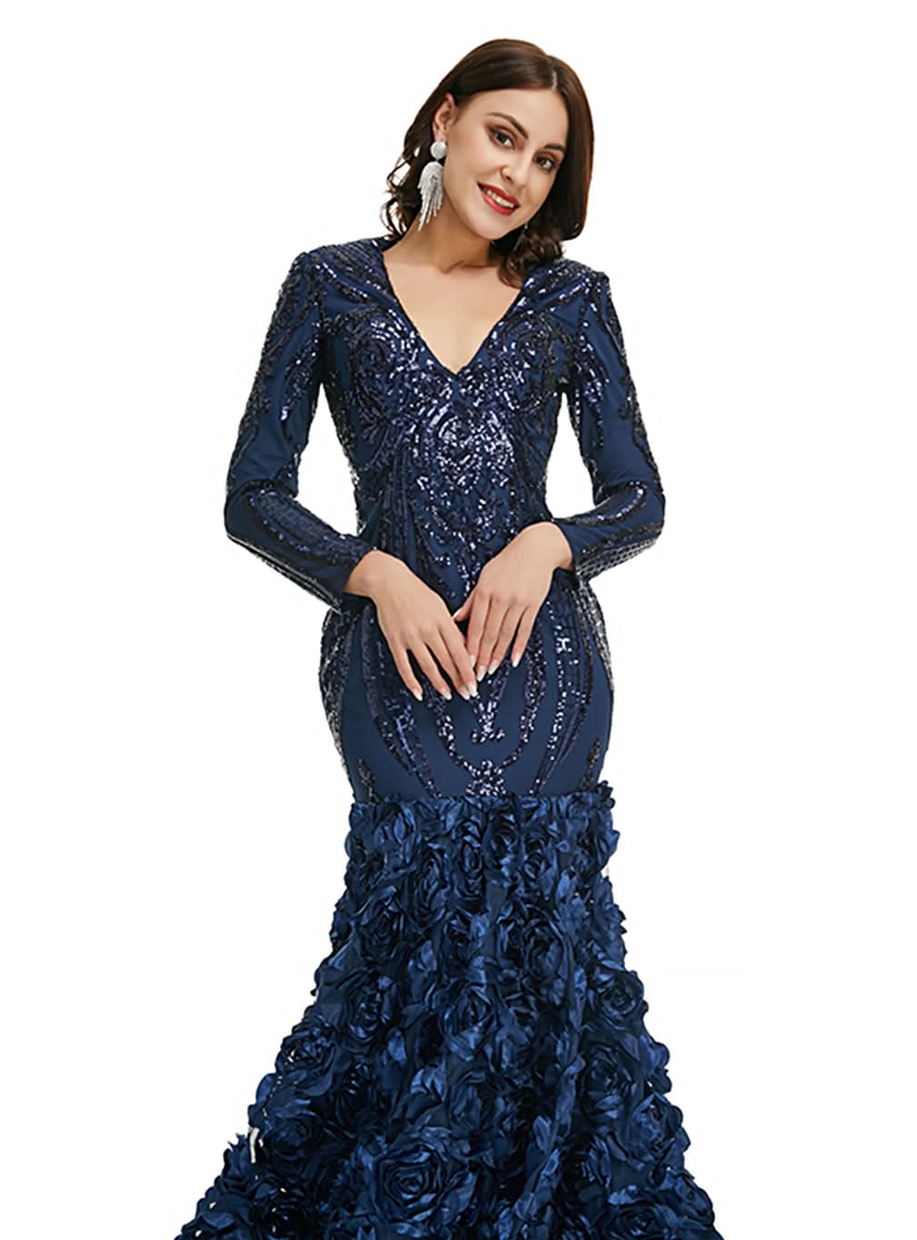 V-Neck Long Sleeves Sequins Mermaid Dress BMbride
