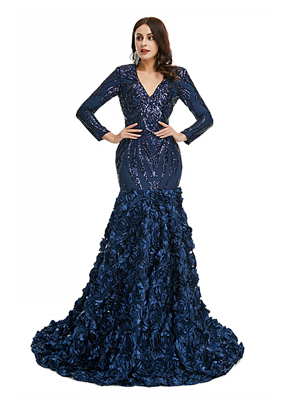 V-Neck Long Sleeves Sequins Mermaid Dress BMbride