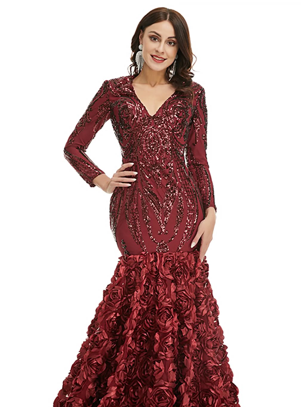 V-Neck Long Sleeves Sequins Mermaid Dress BMbride