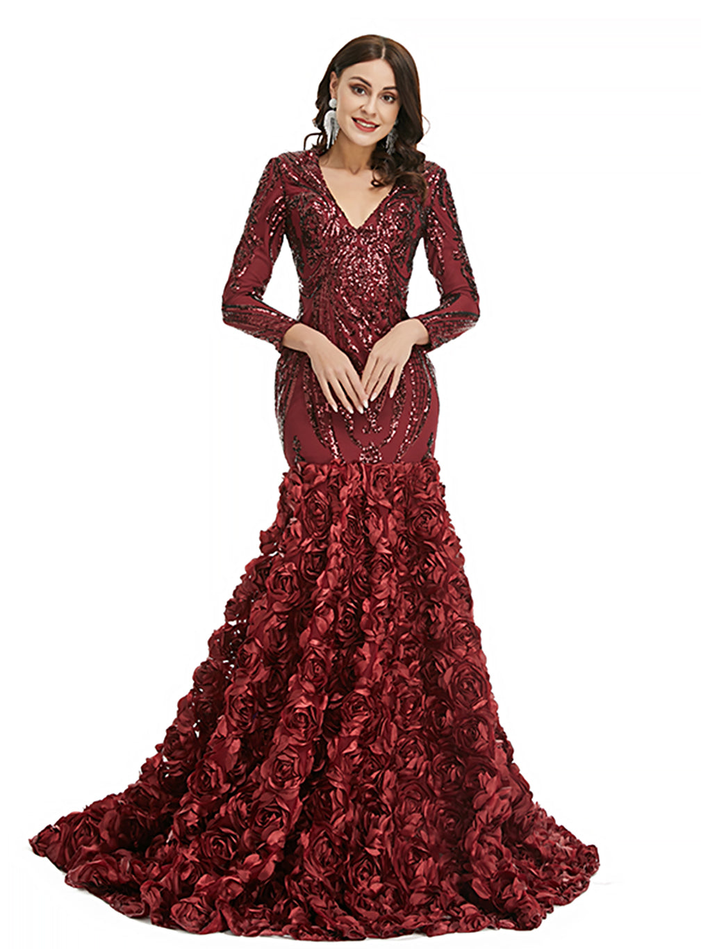 V-Neck Long Sleeves Sequins Mermaid Dress BMbride