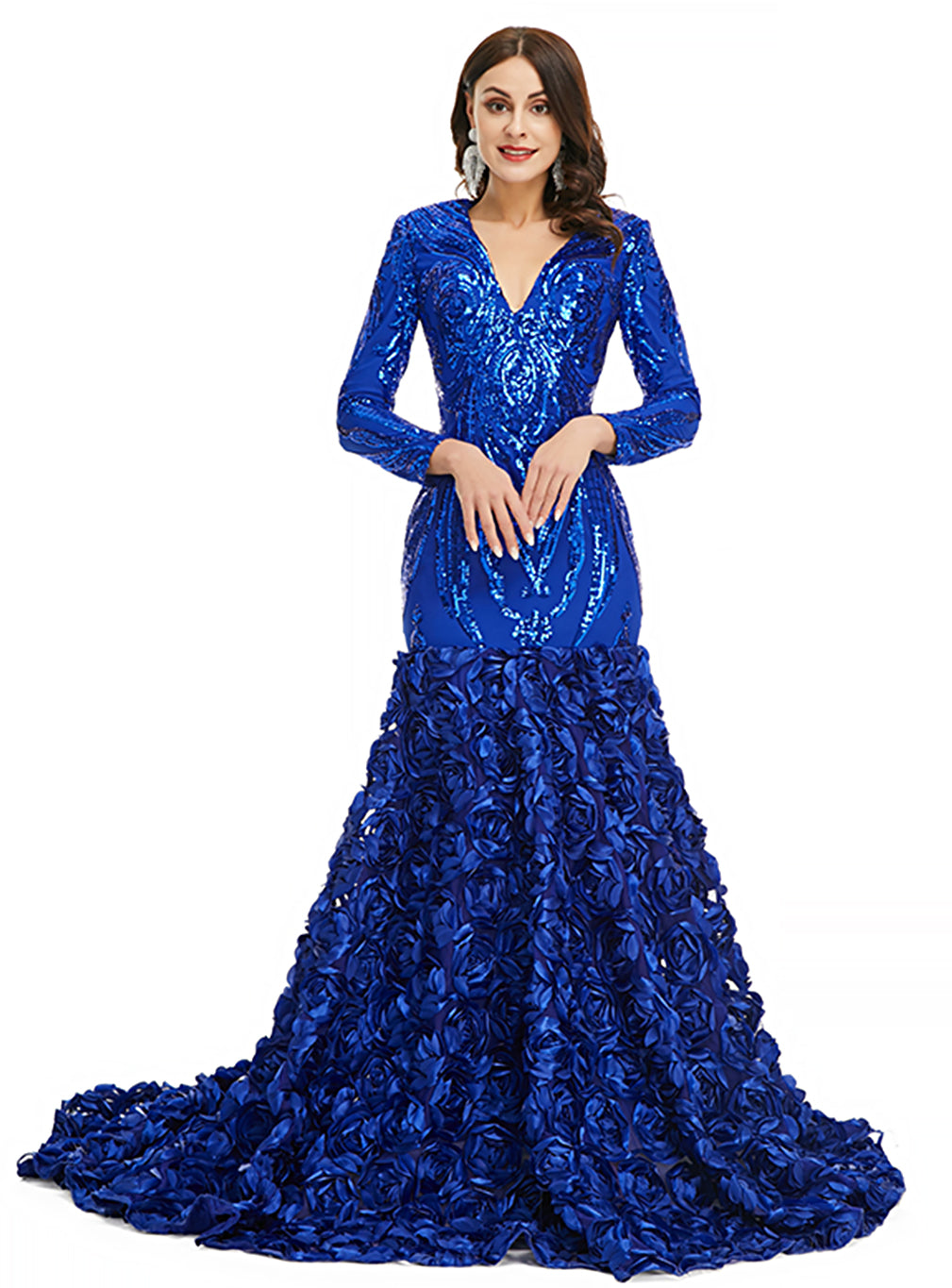 V-Neck Long Sleeves Sequins Mermaid Dress BMbride