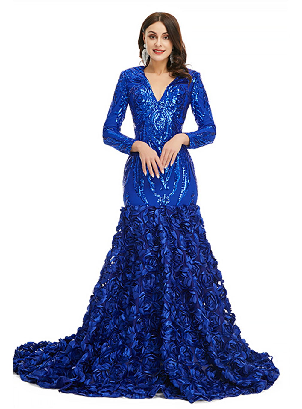 V-Neck Long Sleeves Sequins Mermaid Dress BMbride