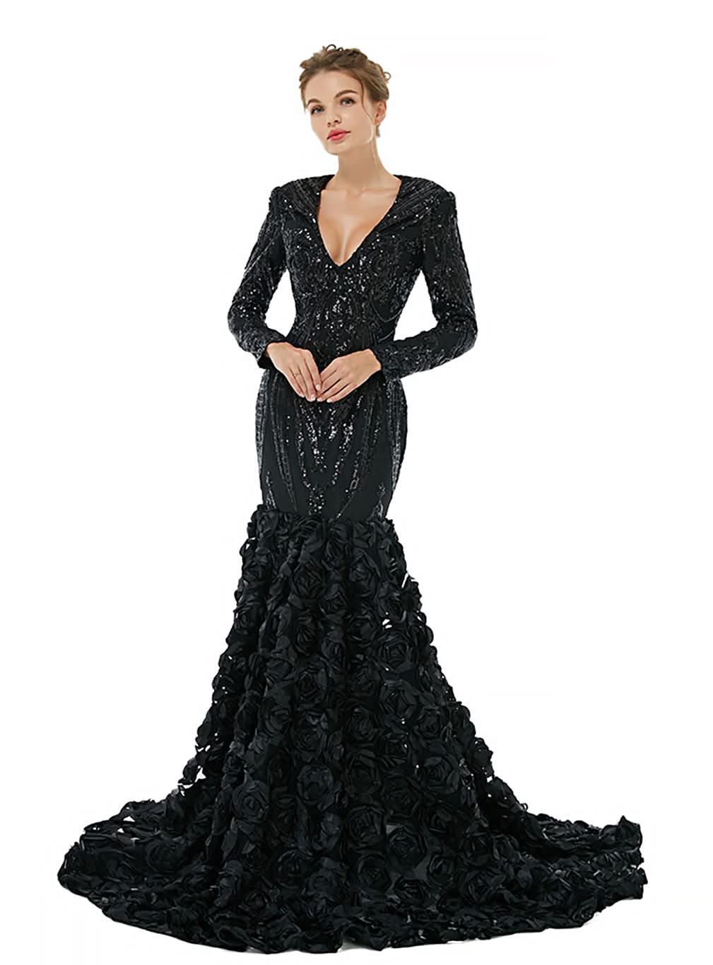 V-Neck Long Sleeves Sequins Mermaid Dress BMbride