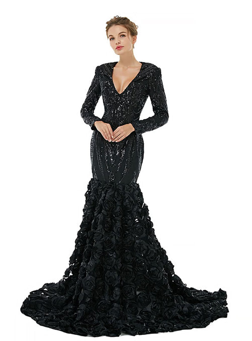 V-Neck Long Sleeves Sequins Mermaid Dress BMbride