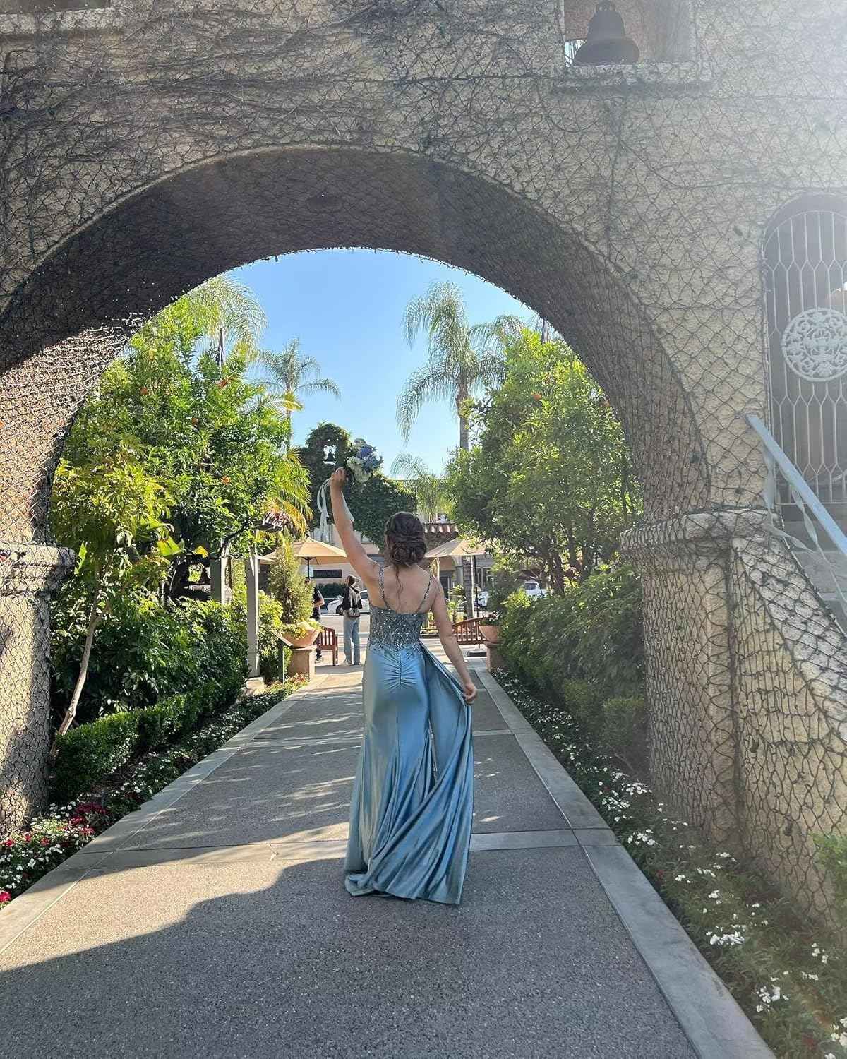 V Neck Satin Prom Dresses Long Mermaid Lace Evening Gown with Slit Pleated Bodycon Formal Dress with Tail - Bmbride