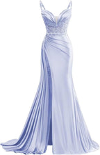 V Neck Satin Prom Dresses Long Mermaid Lace Evening Gown with Slit Pleated Bodycon Formal Dress with Tail - Bmbride