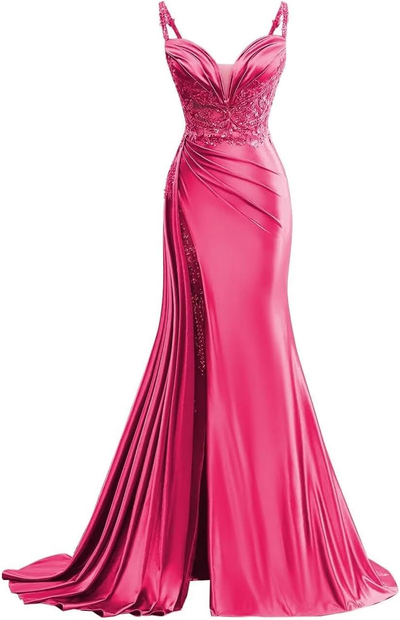 V Neck Satin Prom Dresses Long Mermaid Lace Evening Gown with Slit Pleated Bodycon Formal Dress with Tail - Bmbride