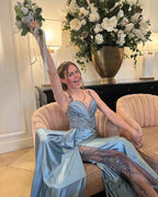 V Neck Satin Prom Dresses Long Mermaid Lace Evening Gown with Slit Pleated Bodycon Formal Dress with Tail - Bmbride