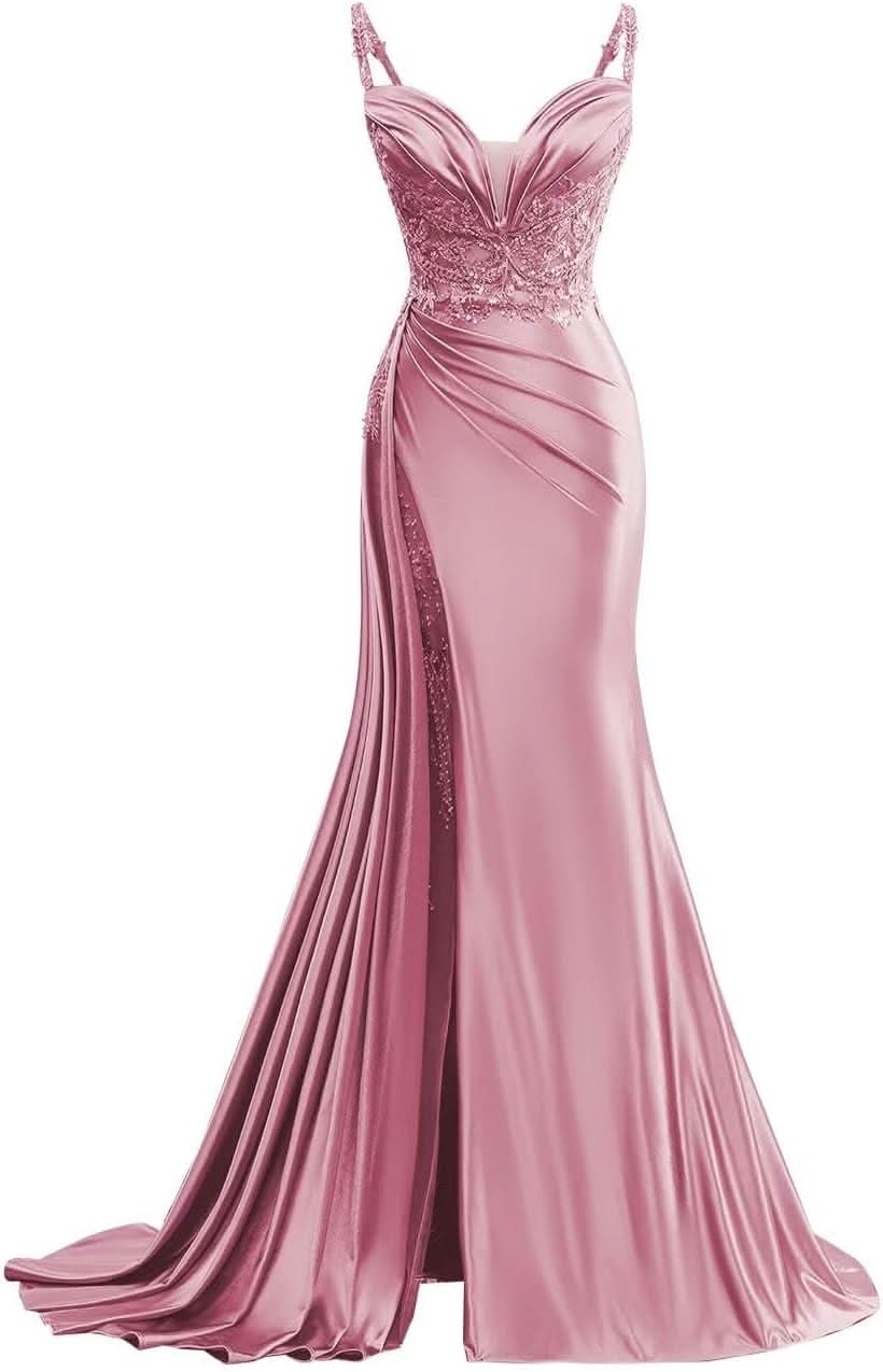 V Neck Satin Prom Dresses Long Mermaid Lace Evening Gown with Slit Pleated Bodycon Formal Dress with Tail - Bmbride