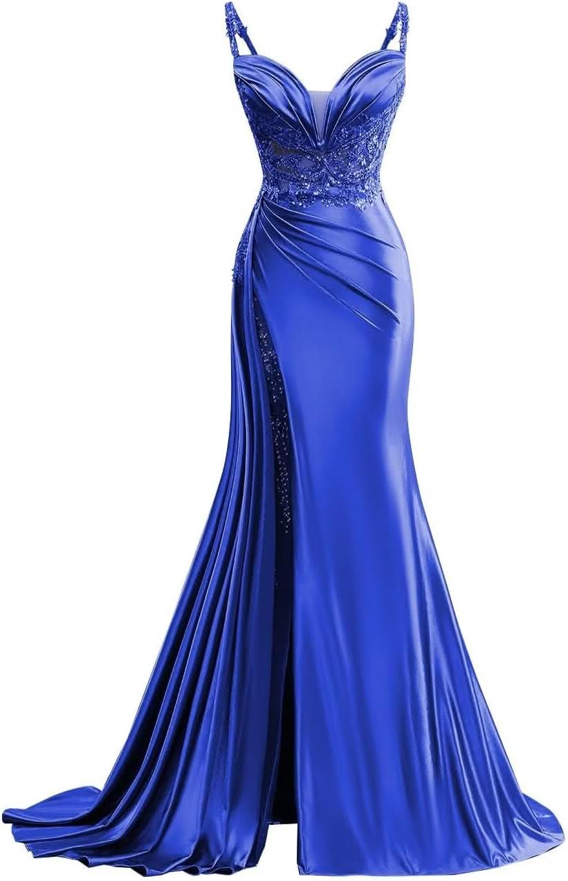 V Neck Satin Prom Dresses Long Mermaid Lace Evening Gown with Slit Pleated Bodycon Formal Dress with Tail - Bmbride