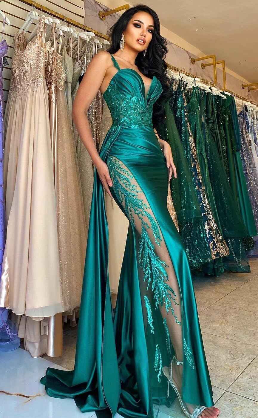 V Neck Satin Prom Dresses Long Mermaid Lace Evening Gown with Slit Pleated Bodycon Formal Dress with Tail - Bmbride