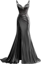 V Neck Satin Prom Dresses Long Mermaid Lace Evening Gown with Slit Pleated Bodycon Formal Dress with Tail - Bmbride