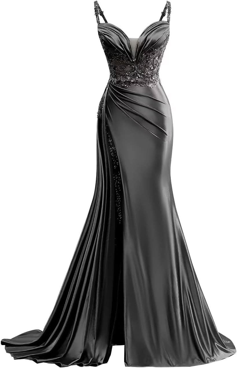 V Neck Satin Prom Dresses Long Mermaid Lace Evening Gown with Slit Pleated Bodycon Formal Dress with Tail - Bmbride