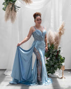 V Neck Satin Prom Dresses Long Mermaid Lace Evening Gown with Slit Pleated Bodycon Formal Dress with Tail - Bmbride