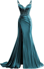 V Neck Satin Prom Dresses Long Mermaid Lace Evening Gown with Slit Pleated Bodycon Formal Dress with Tail - Bmbride
