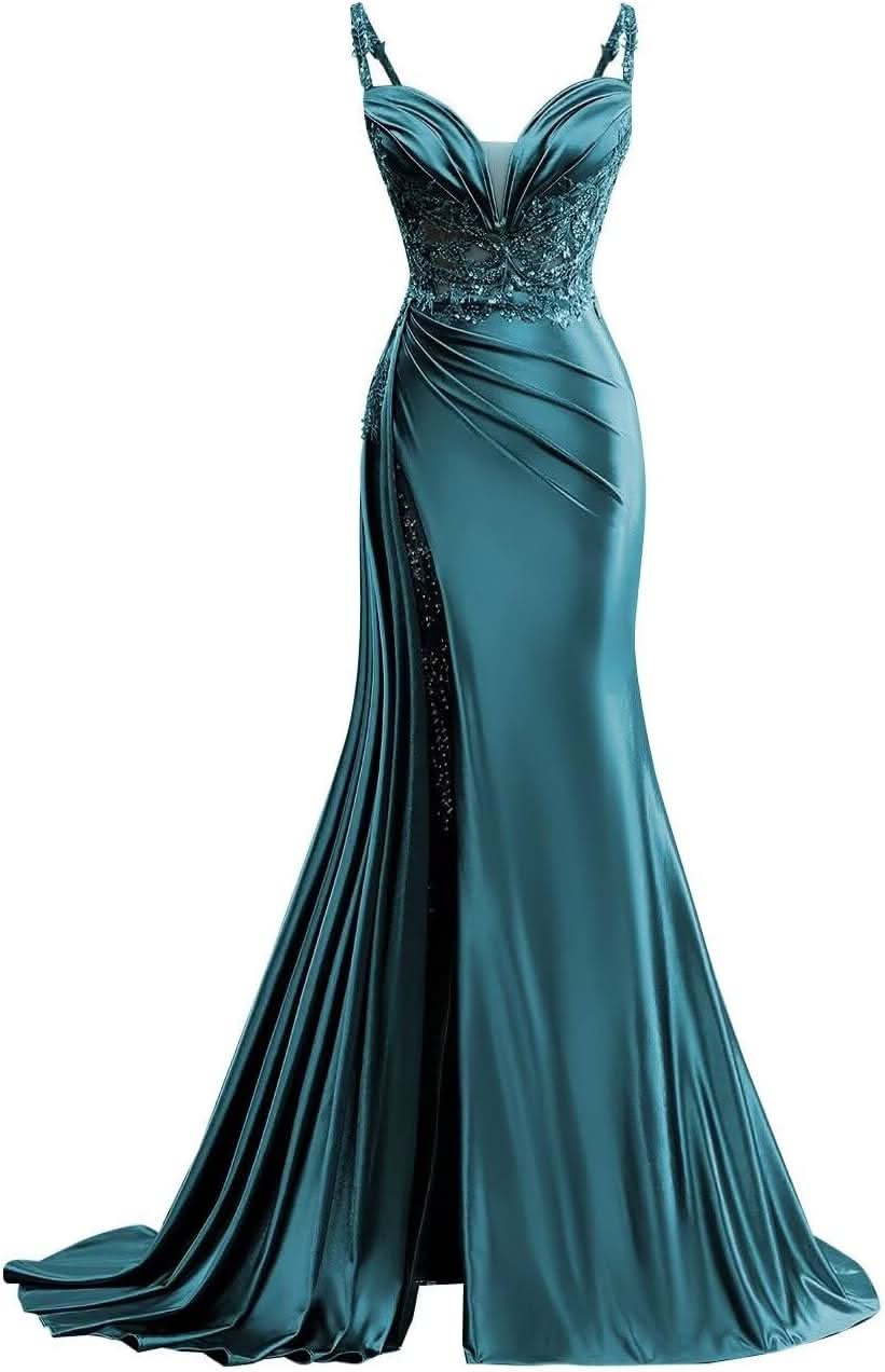 V Neck Satin Prom Dresses Long Mermaid Lace Evening Gown with Slit Pleated Bodycon Formal Dress with Tail - Bmbride