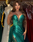 V Neck Satin Prom Dresses Long Mermaid Lace Evening Gown with Slit Pleated Bodycon Formal Dress with Tail - Bmbride