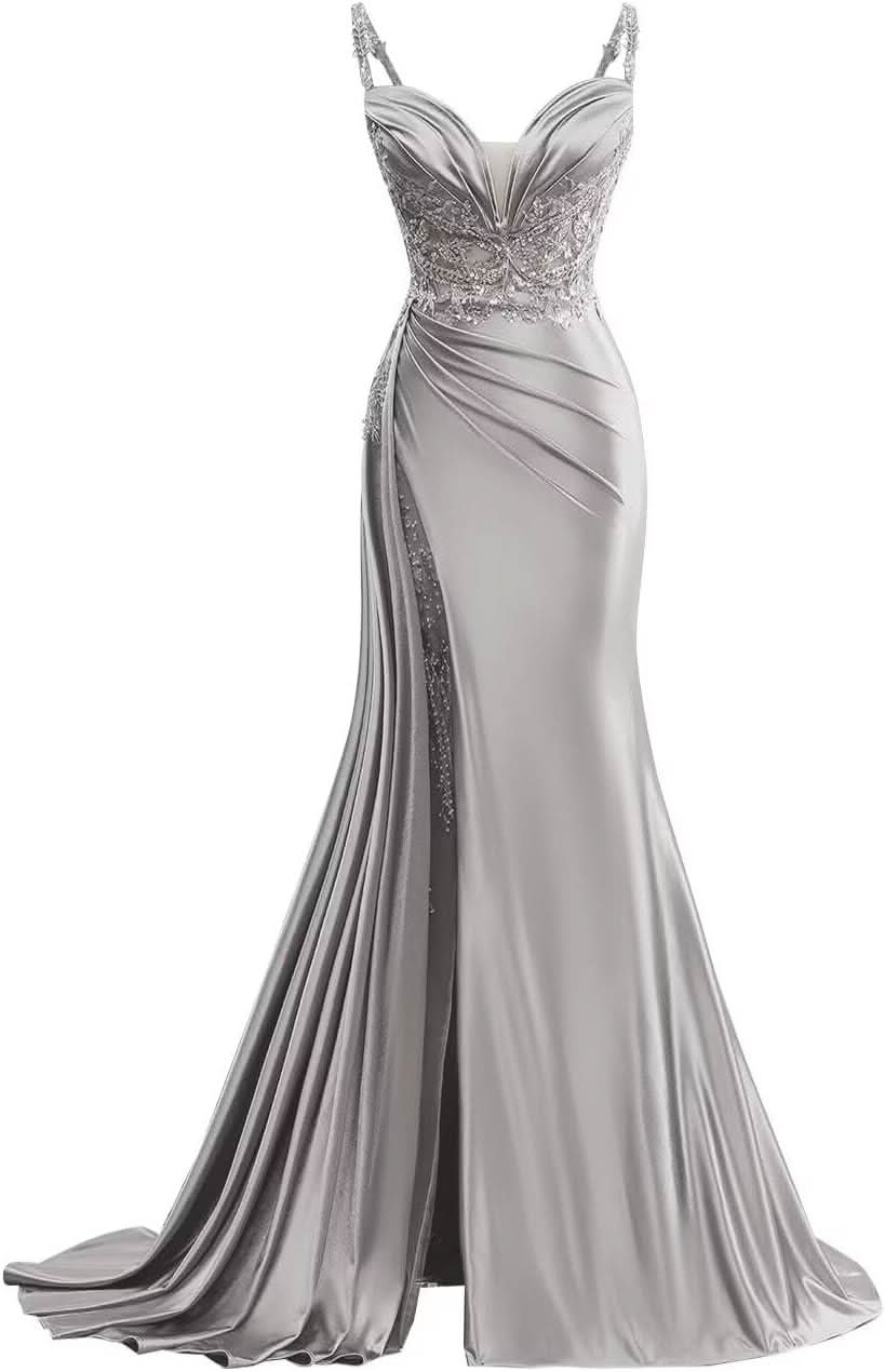 V Neck Satin Prom Dresses Long Mermaid Lace Evening Gown with Slit Pleated Bodycon Formal Dress with Tail - Bmbride