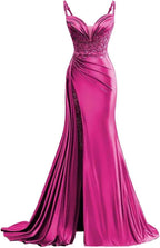 V Neck Satin Prom Dresses Long Mermaid Lace Evening Gown with Slit Pleated Bodycon Formal Dress with Tail - Bmbride