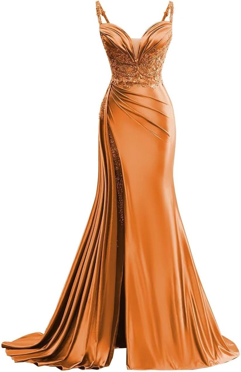 V Neck Satin Prom Dresses Long Mermaid Lace Evening Gown with Slit Pleated Bodycon Formal Dress with Tail - Bmbride