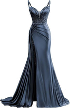 V Neck Satin Prom Dresses Long Mermaid Lace Evening Gown with Slit Pleated Bodycon Formal Dress with Tail - Bmbride