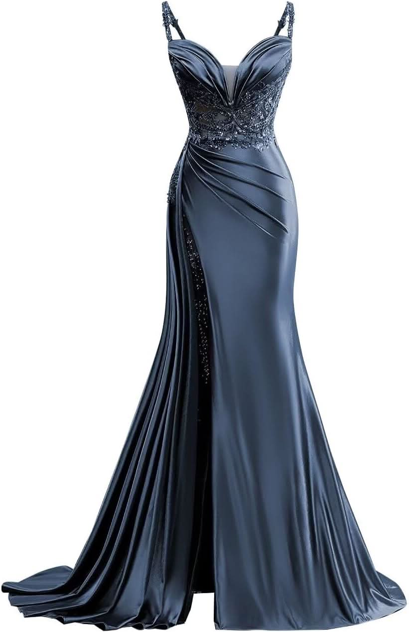 V Neck Satin Prom Dresses Long Mermaid Lace Evening Gown with Slit Pleated Bodycon Formal Dress with Tail - Bmbride