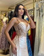 V Neck Satin Prom Dresses Long Mermaid Lace Evening Gown with Slit Pleated Bodycon Formal Dress with Tail - Bmbride