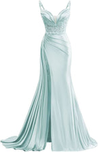 V Neck Satin Prom Dresses Long Mermaid Lace Evening Gown with Slit Pleated Bodycon Formal Dress with Tail - Bmbride